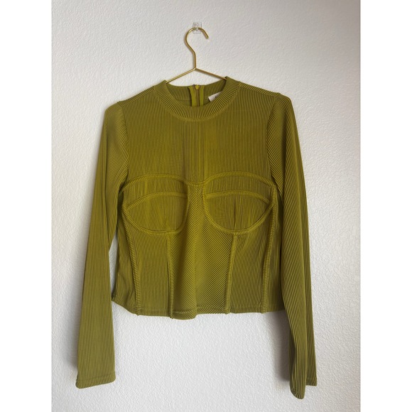 Blue Tassel Tops - Anthropologie Blue Tassel Lime Green Ribbed Corset Bustier Long Sleeve Top NWT L